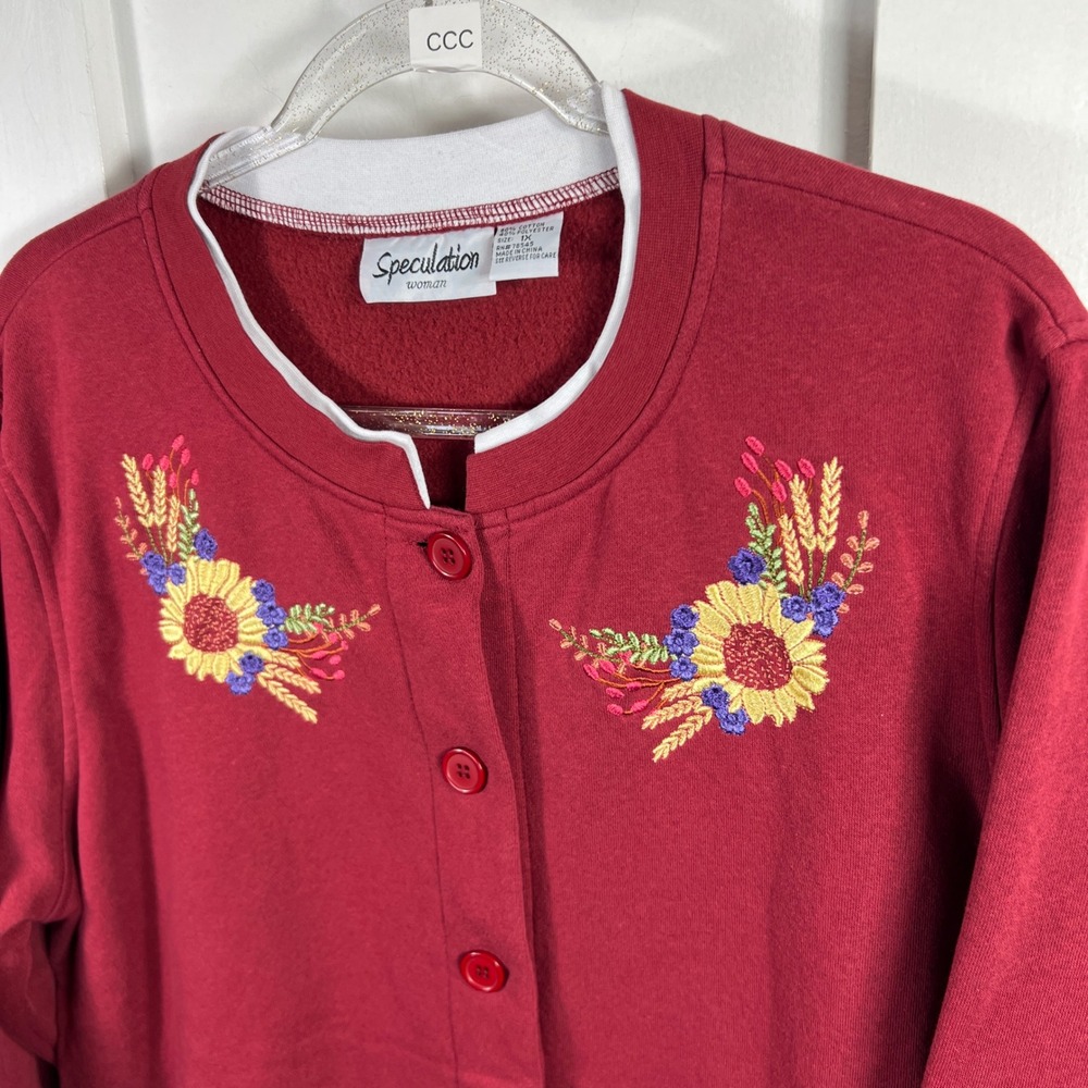 Speculation Woman Burgundy Embroidered Sunflower Sweatshirt Cardigan 1X Red